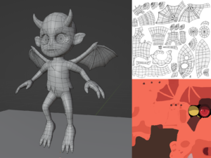 The wireframe, UV layout, and color texture for the imp model